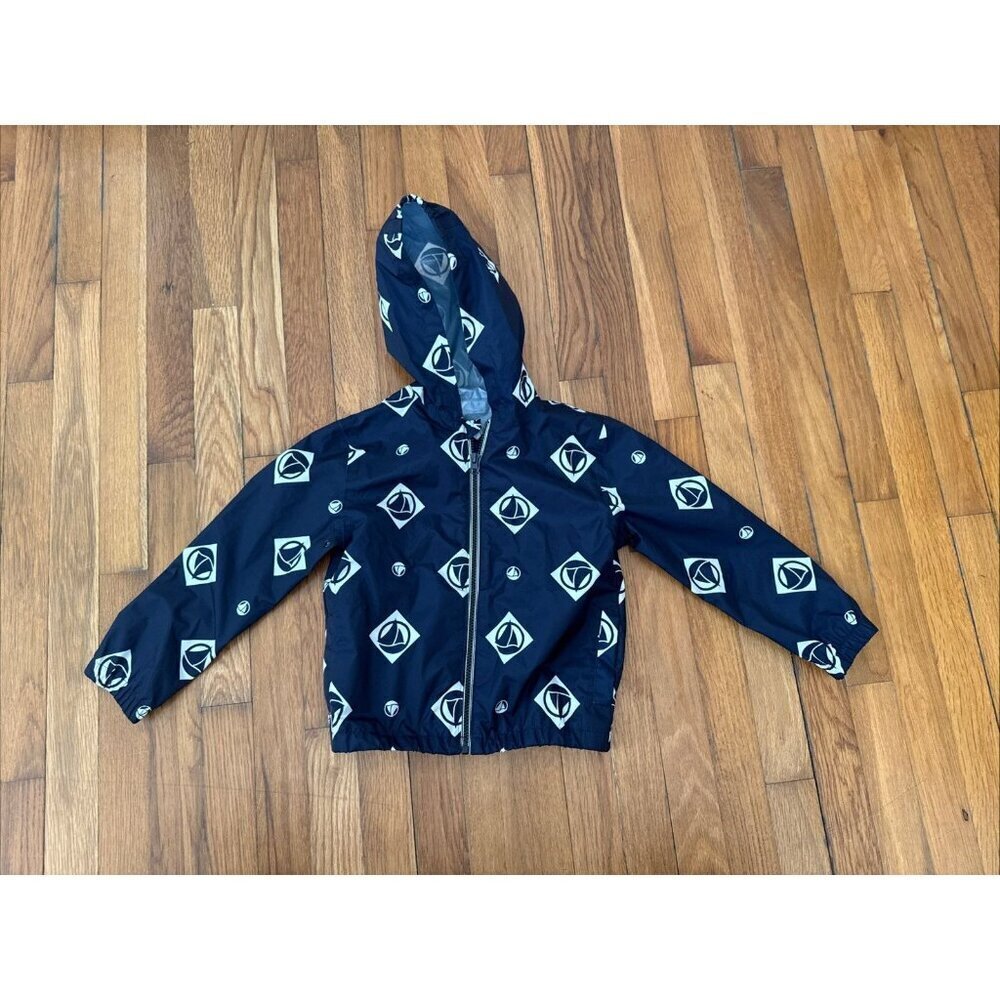 Petit Bateau Boy's Blue Rain Coat Hooded Full Zip Waterproof Jacket Size 6